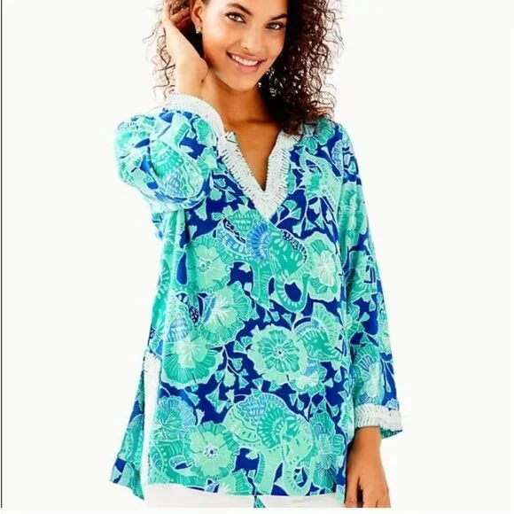 Lilly Pulitzer Renato Sequined Tunic Top Agate Green Mint to Be Floral Tropical - Picture 13 of 13